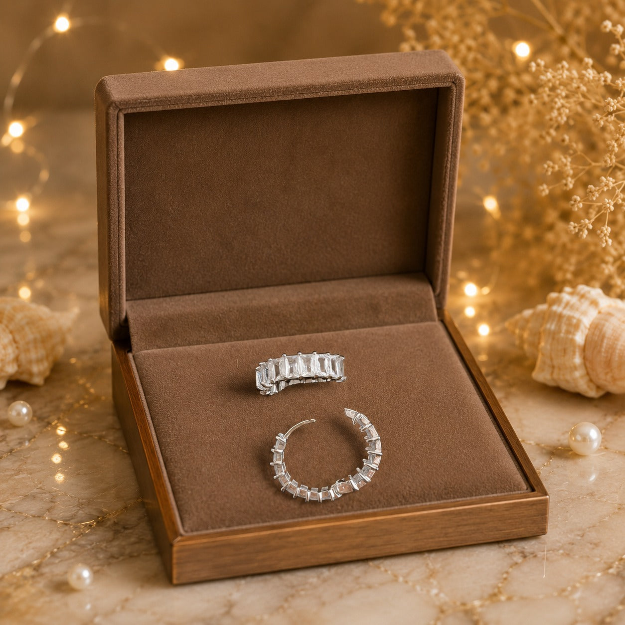 Silver baguette crystal huggie hoop earrings displayed in a premium velvet jewelry box with warm fairy lights and decorative shells.