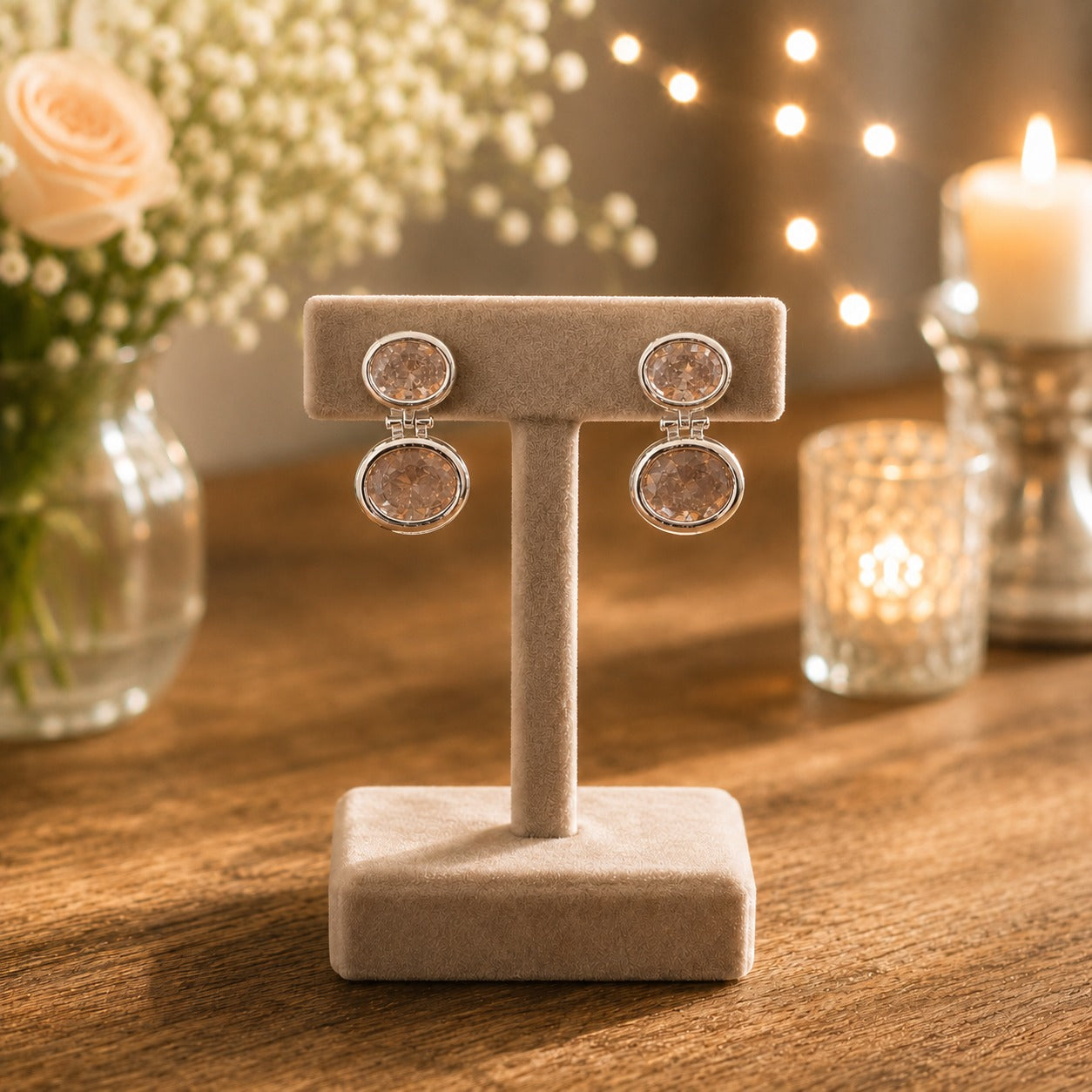 Silver double halo drop earrings with champagne crystals displayed on a premium beige velvet jewellery stand.