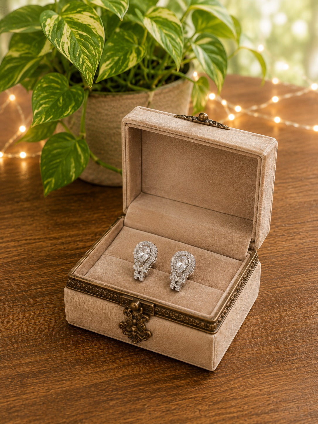 Pair of pear halo drop crystal stud earrings presented in an open beige velvet jewelry box beside a money plant with softly blurred fairy lights