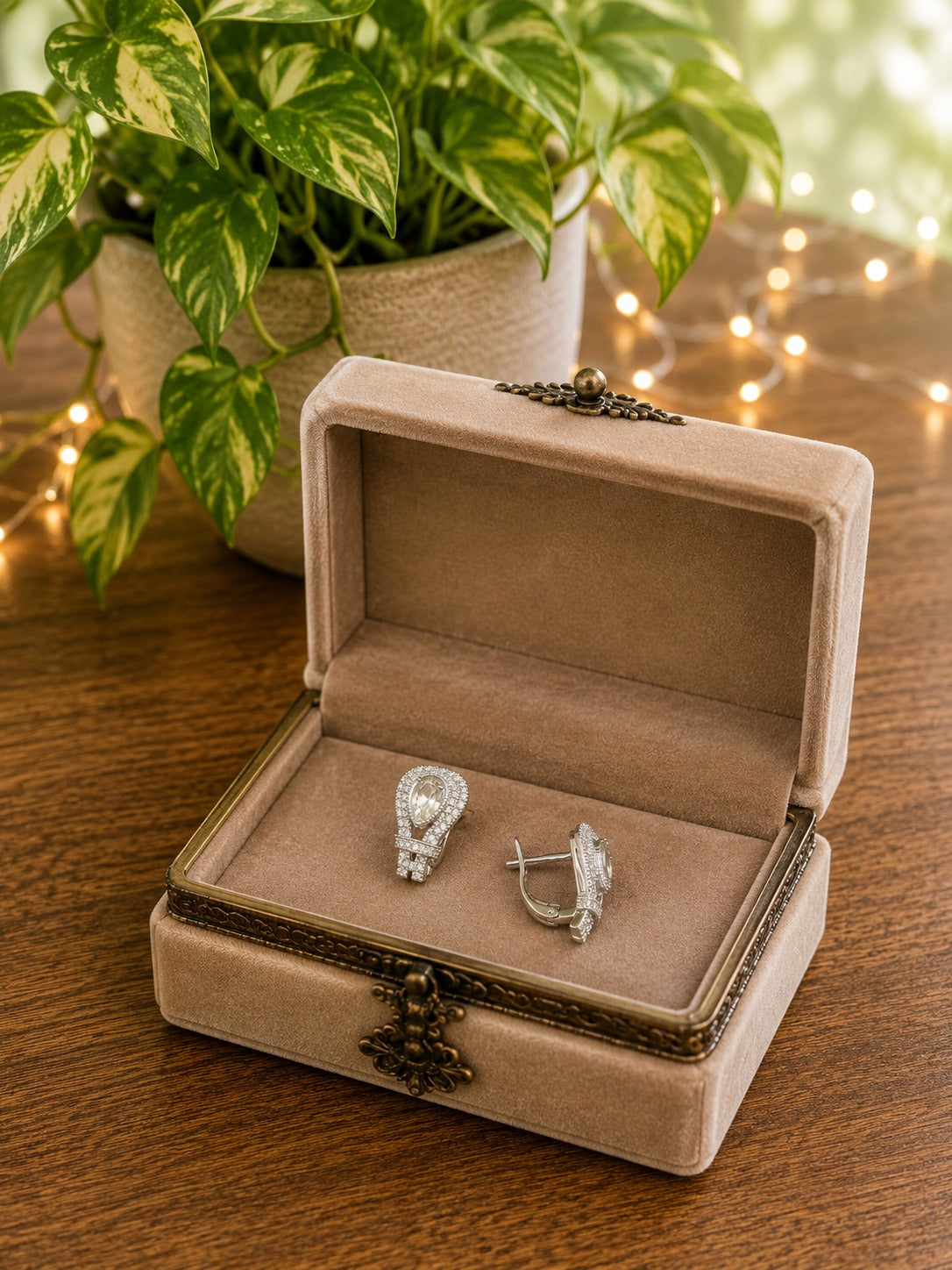 Pear halo drop crystal stud earrings displayed inside a premium beige velvet jewelry box on a wooden tabletop with greenery and warm fairy lights.