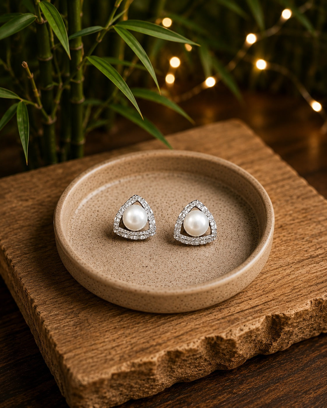 Pearl triangle crystal stud earrings displayed on a premium beige ceramic dish placed on a rustic wooden slab with bamboo, fairy lights, and a softly blurred background.