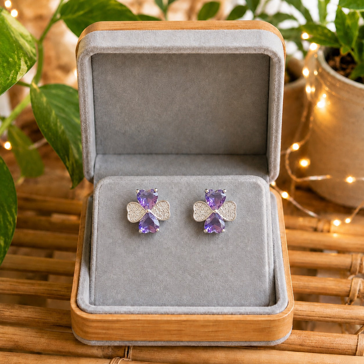 Silver crystal bow stud earrings featuring lavender heart-cut stones displayed in a premium grey velvet jewellery box.