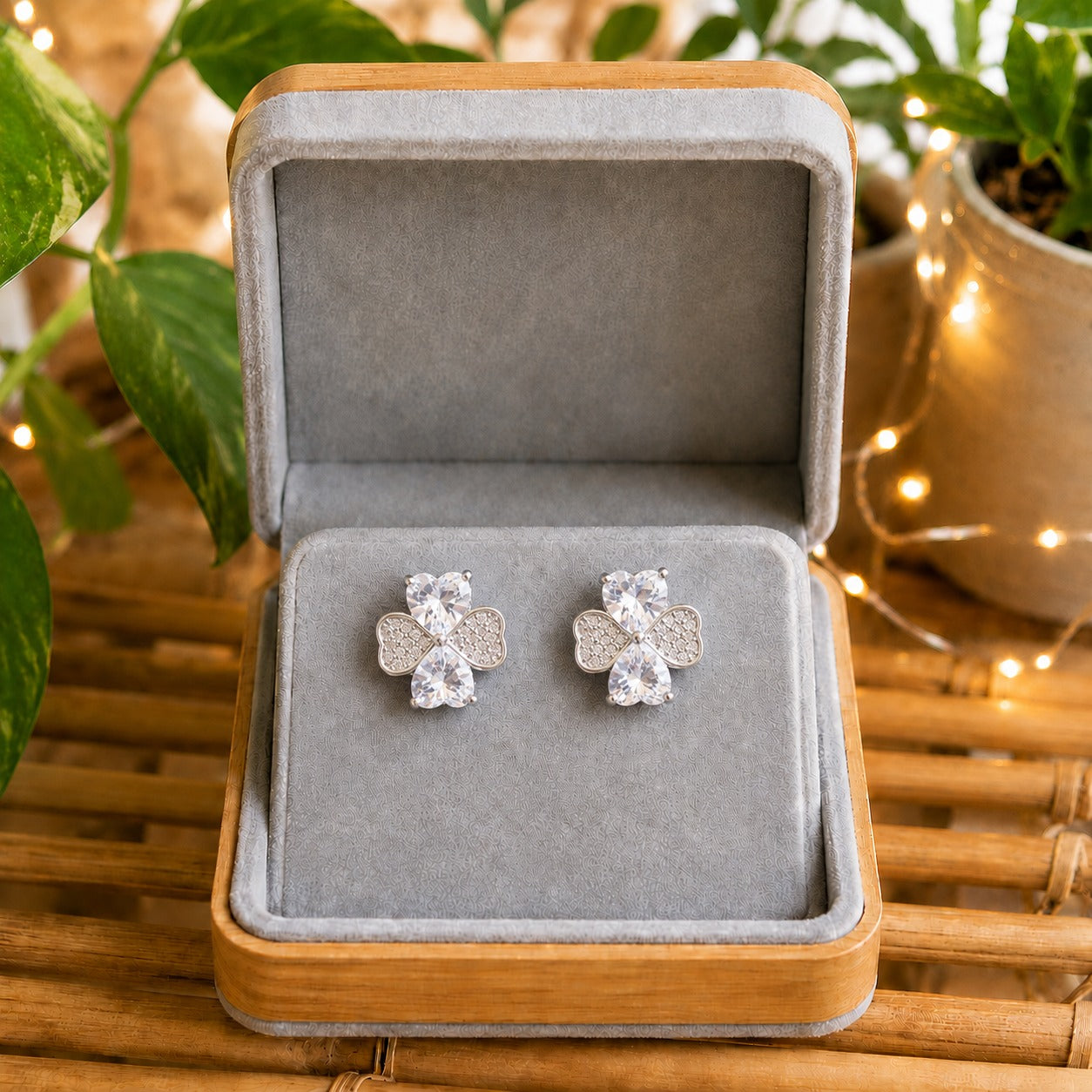 Silver crystal bow stud earrings with clear heart-cut stones displayed in a premium grey velvet jewellery box.