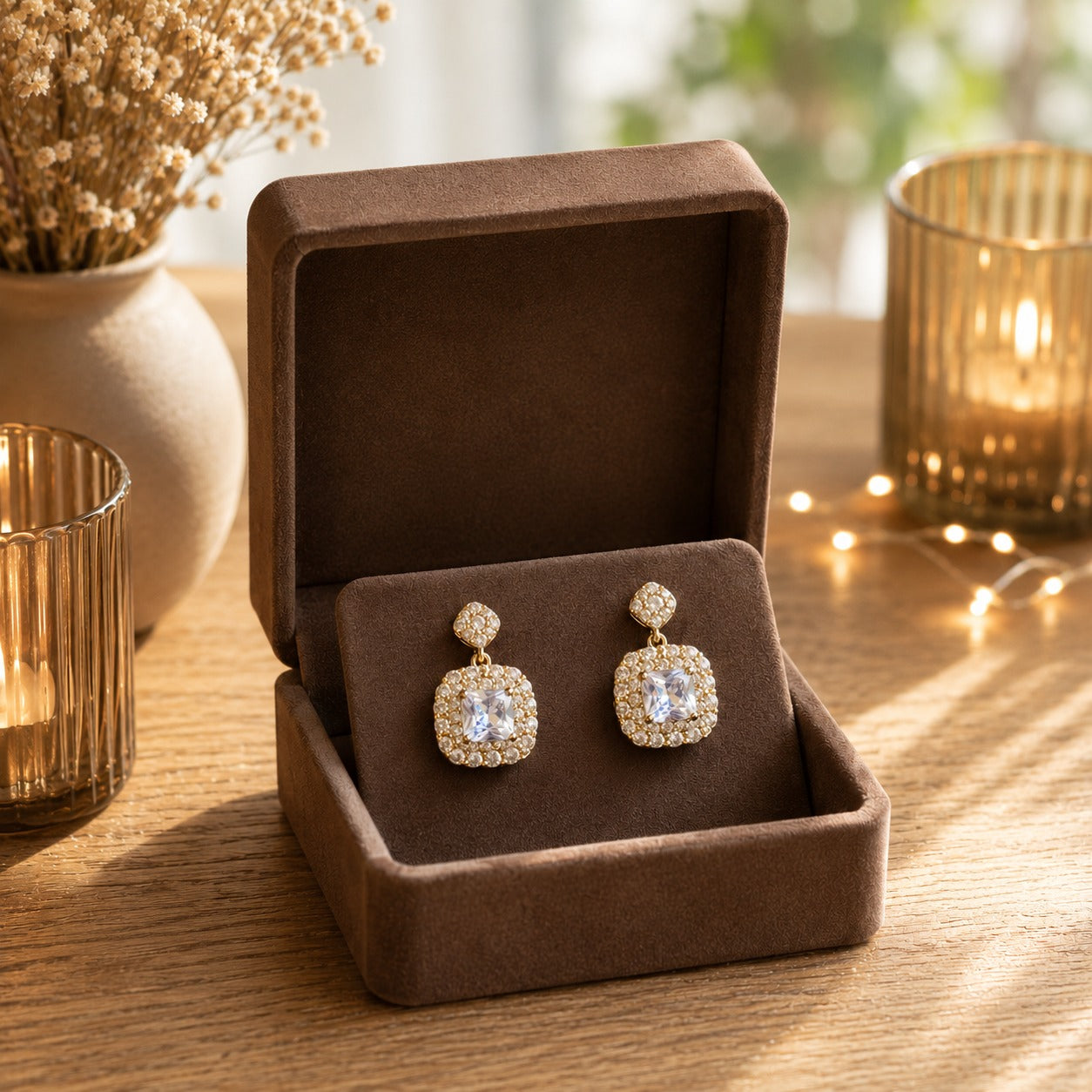 Gold halo square drop earrings with crystal clear princess-cut stones displayed in a premium mocha velvet jewellery box