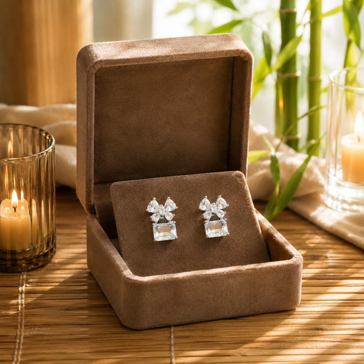 Crystal white floral crystal drop earrings displayed inside a premium mocha velvet jewellery box.