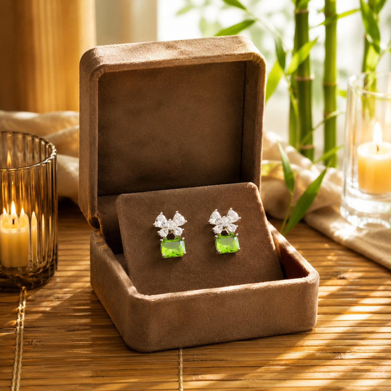 Olive green floral crystal drop earrings displayed inside a premium mocha velvet jewellery box.
