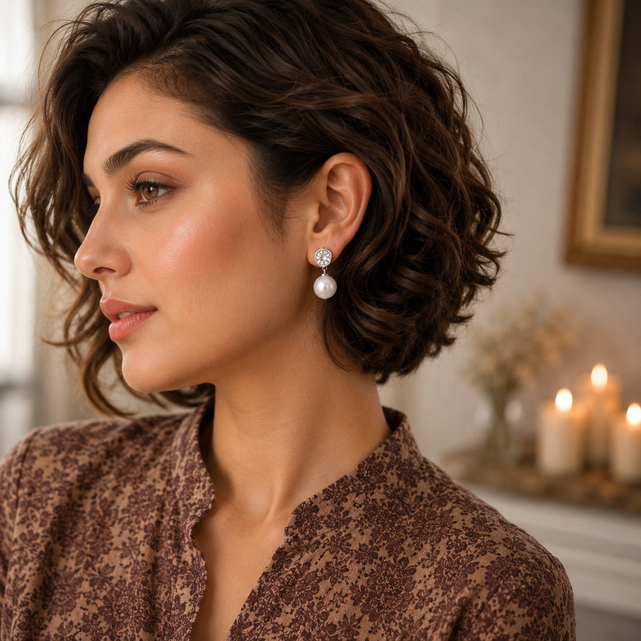 Woman wearing classic silver pearl drop stud earrings with sparkling crystal studs, side profile, elegant jewellery photography with soft natural lighting.