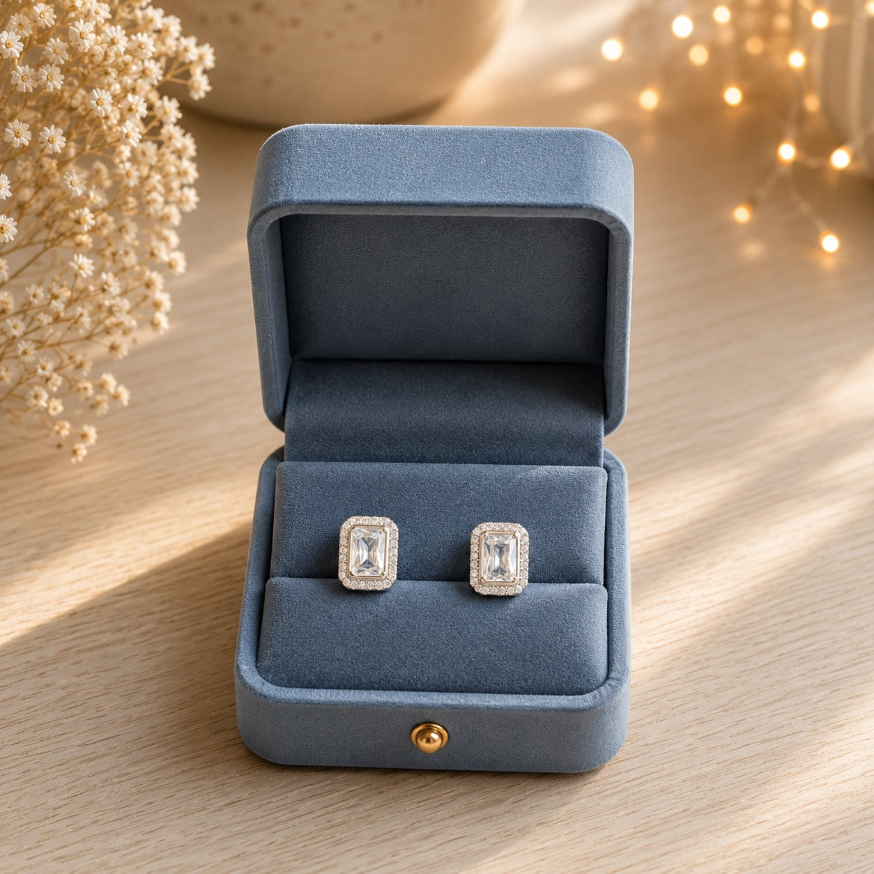 Crystal white emerald-cut halo stud earrings displayed in a premium blue velvet jewellery box