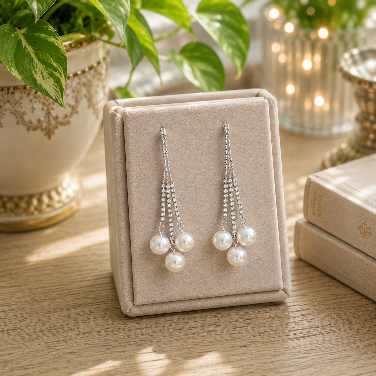 Silver crystal tassel earrings with three pearl drops displayed on a premium velvet jewelry stand in a luxury boutique setting