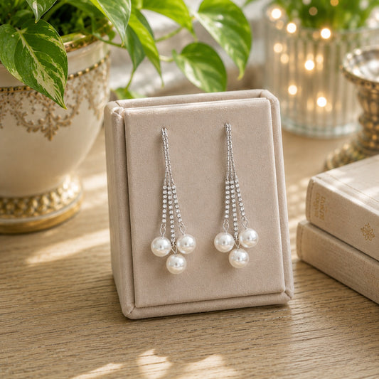 Silver crystal tassel earrings with three pearl drops displayed on a premium velvet jewelry stand in a luxury boutique setting