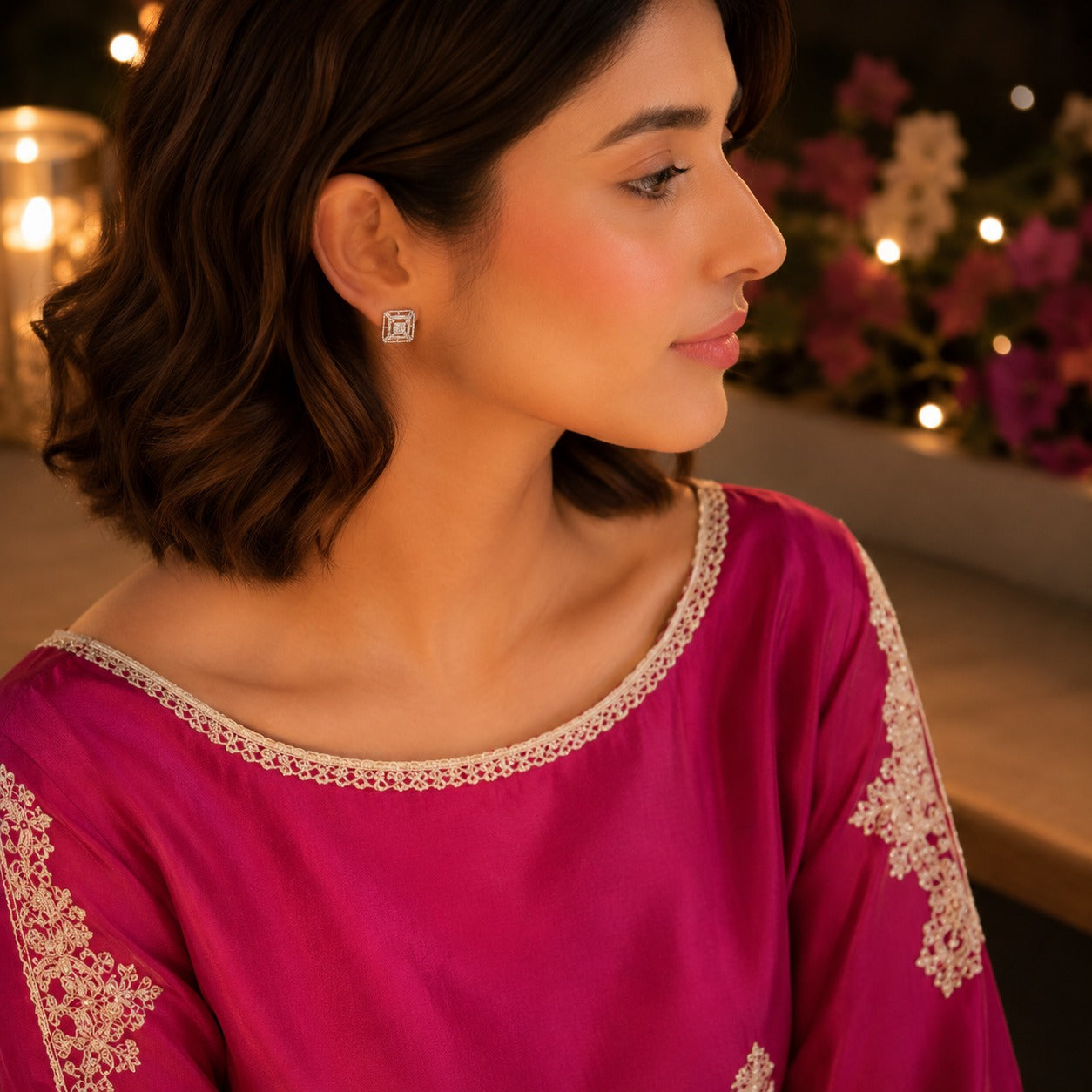 Woman wearing  silver square halo crystal stud earrings in a side-profile portrait with a premium festive background.