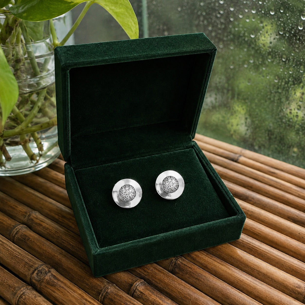 Round silver crystal disc stud earrings in a premium jewelry box, showcasing the polished metal finish and sparkling crystal center