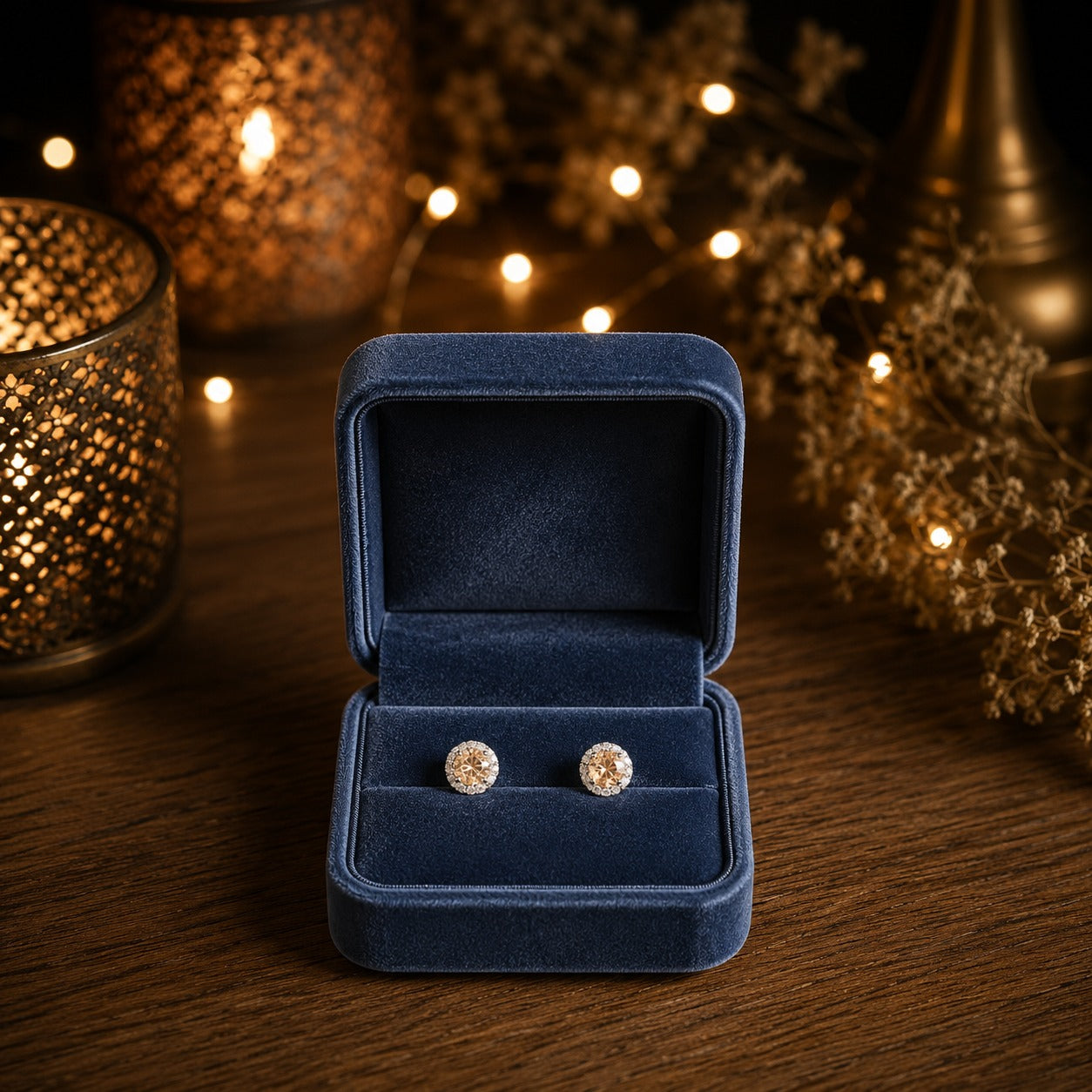 Round halo crystal stud earrings with a faceted  champagne center stone displayed in a premium navy velvet jewellery box.