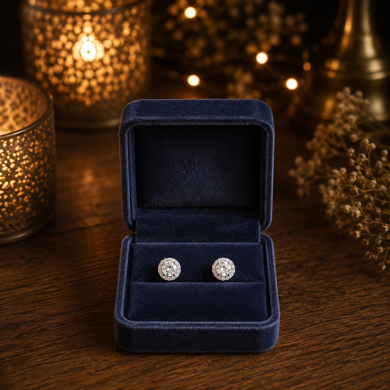 Round halo crystal stud earrings with a faceted center stone displayed in a premium navy velvet jewellery box.