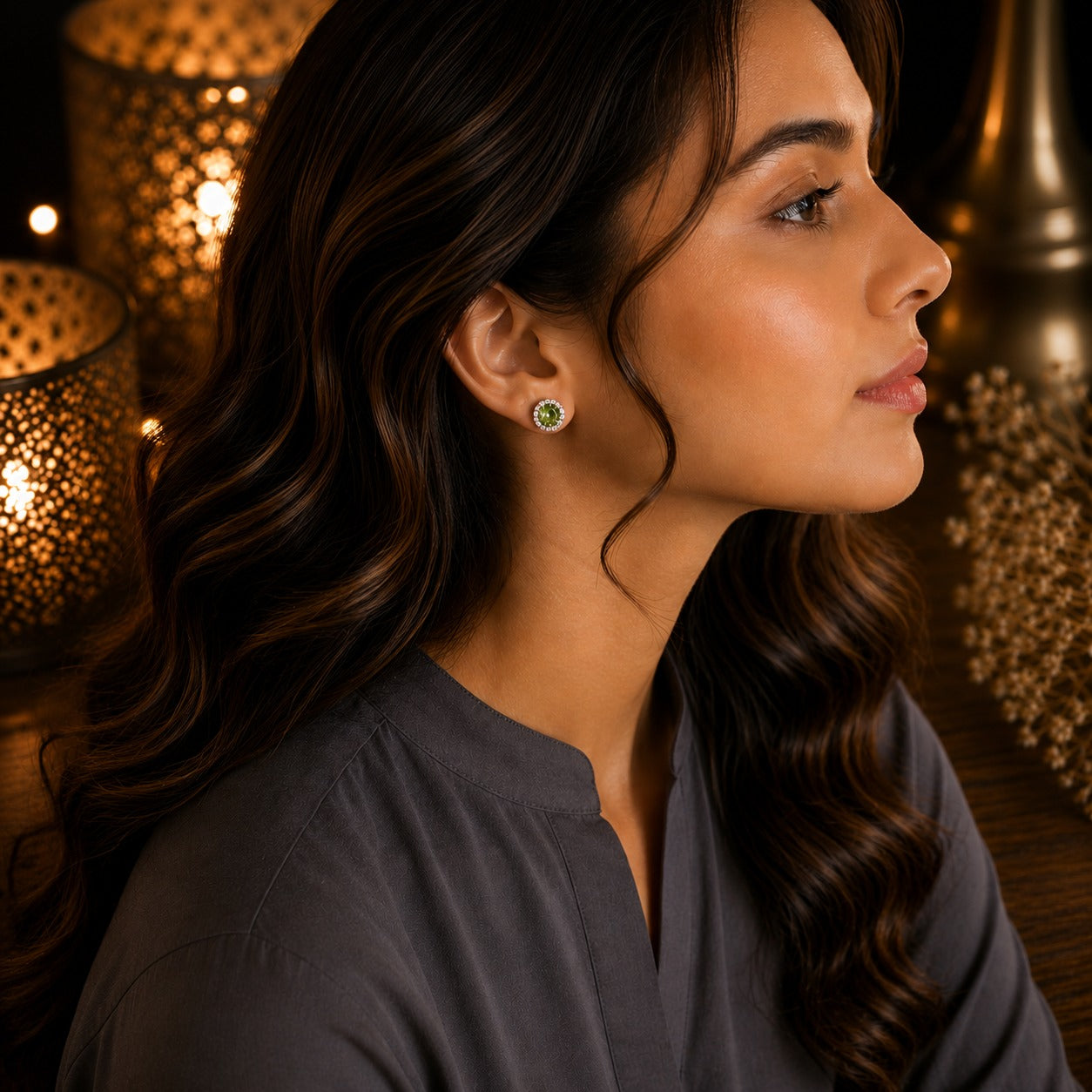 Model wearing round halo crystal stud earrings with a sparkling lime green center stone and crystal border in a side-profile portrait.