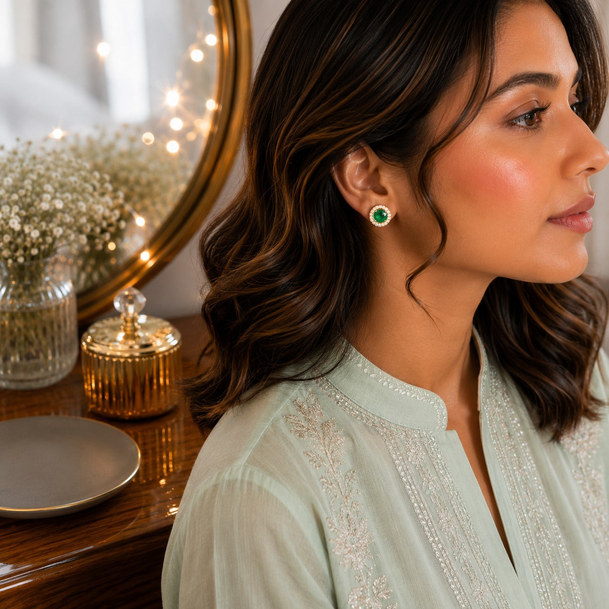 Woman wearing green round halo gemstone stud earrings in a side-profile portrait with a premium dressing table background.