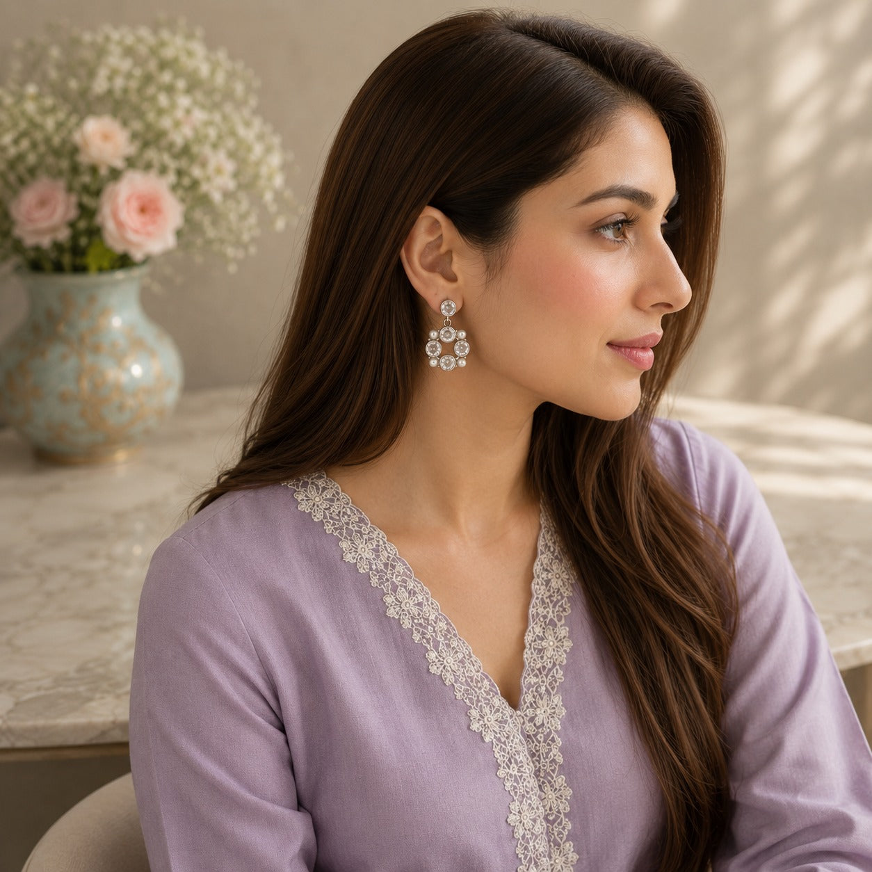 Woman wearing silver crystal and pearl halo drop earrings with a lavender outfit in a bright luxury indoor setting.