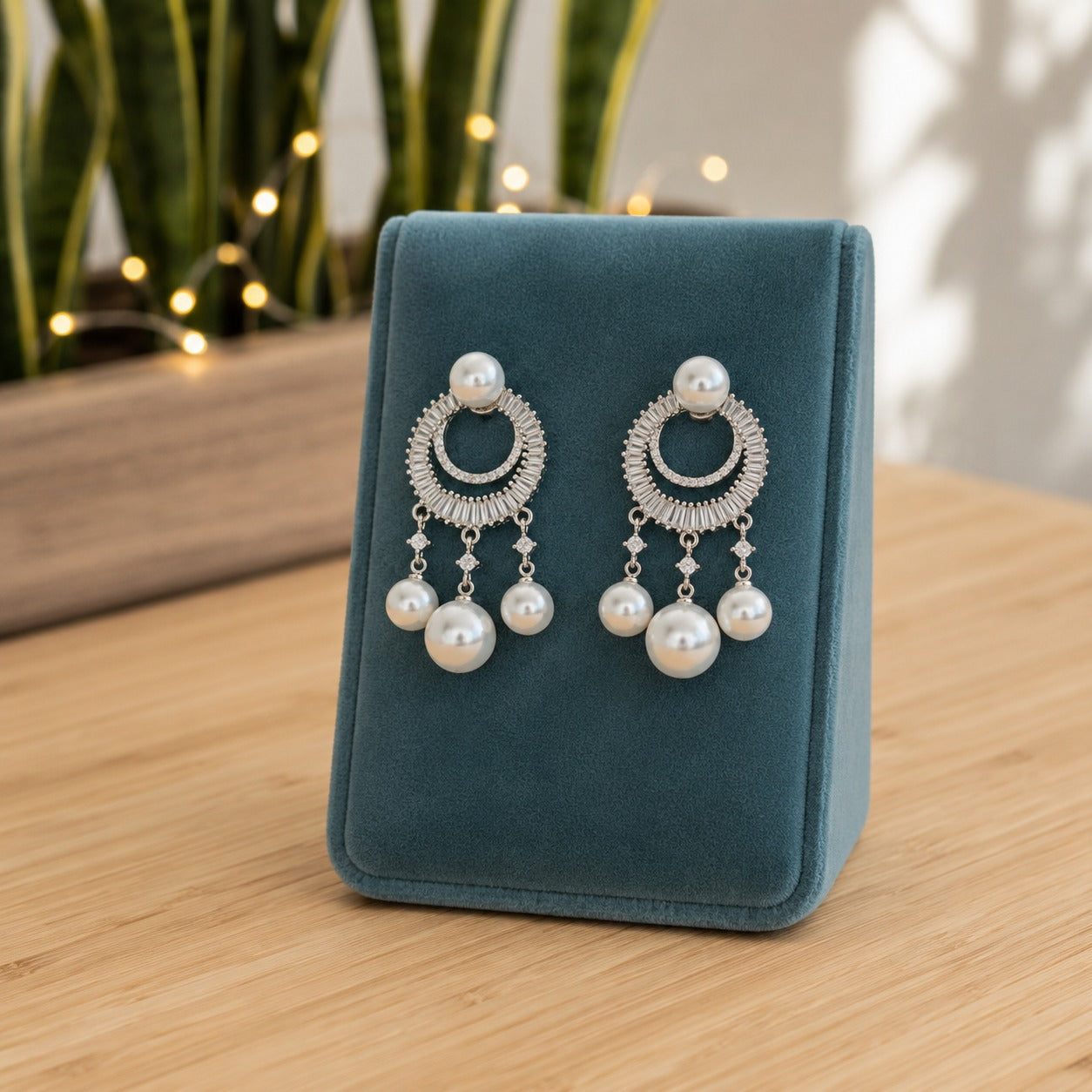 Silver pearl crystal chandelier drop earrings displayed on a premium blue velvet jewellery stand with a softly blurred indoor background.