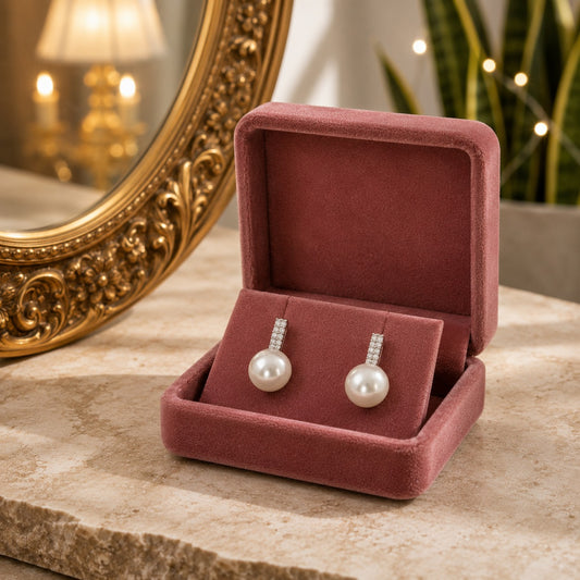 Silver crystal and pearl leverback earrings presented inside a premium dusty rose velvet jewelry box on a marble tabletop