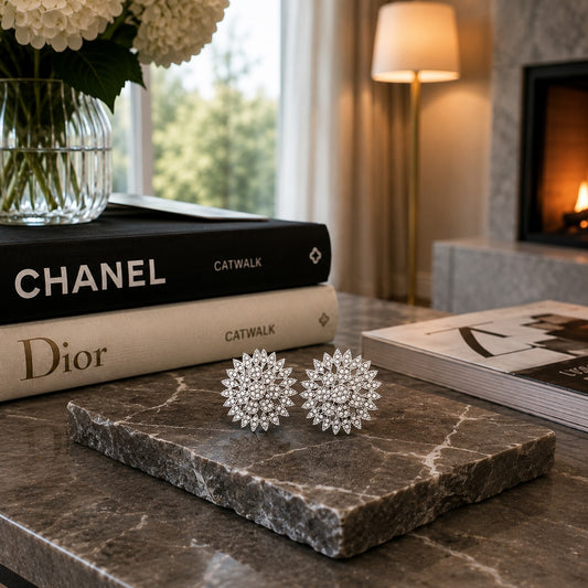 Silver floral crystal leverback earrings displayed on a premium marble slab in a luxury indoor setting
