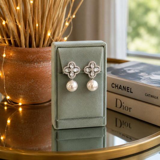 Crystal Clover Pearl Drop Earrings – Silver Statement Design