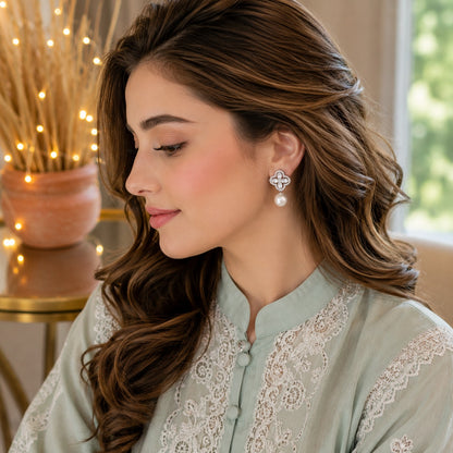 Crystal Clover Pearl Drop Earrings – Silver Statement Design
