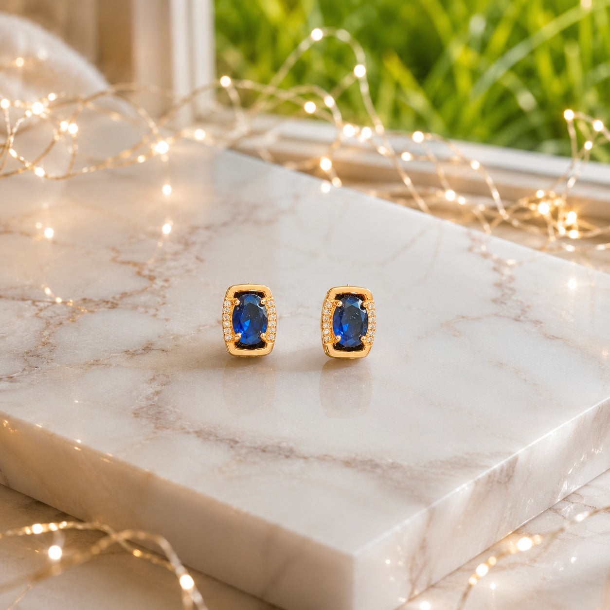Oval gemstone stud earrings displayed on a polished marble slab with luxury lifestyle décor, highlighting the gemstone brilliance and premium gold or silver finish.