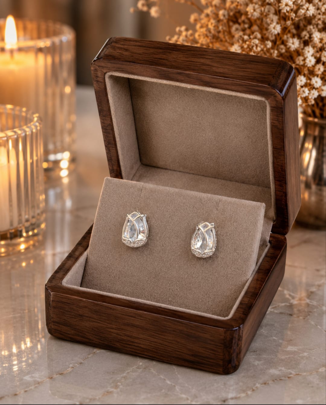 Tulip crystal stud earrings displayed in a premium velvet jewellery box with luxury wooden finish, candlelight ambience and dried floral décor