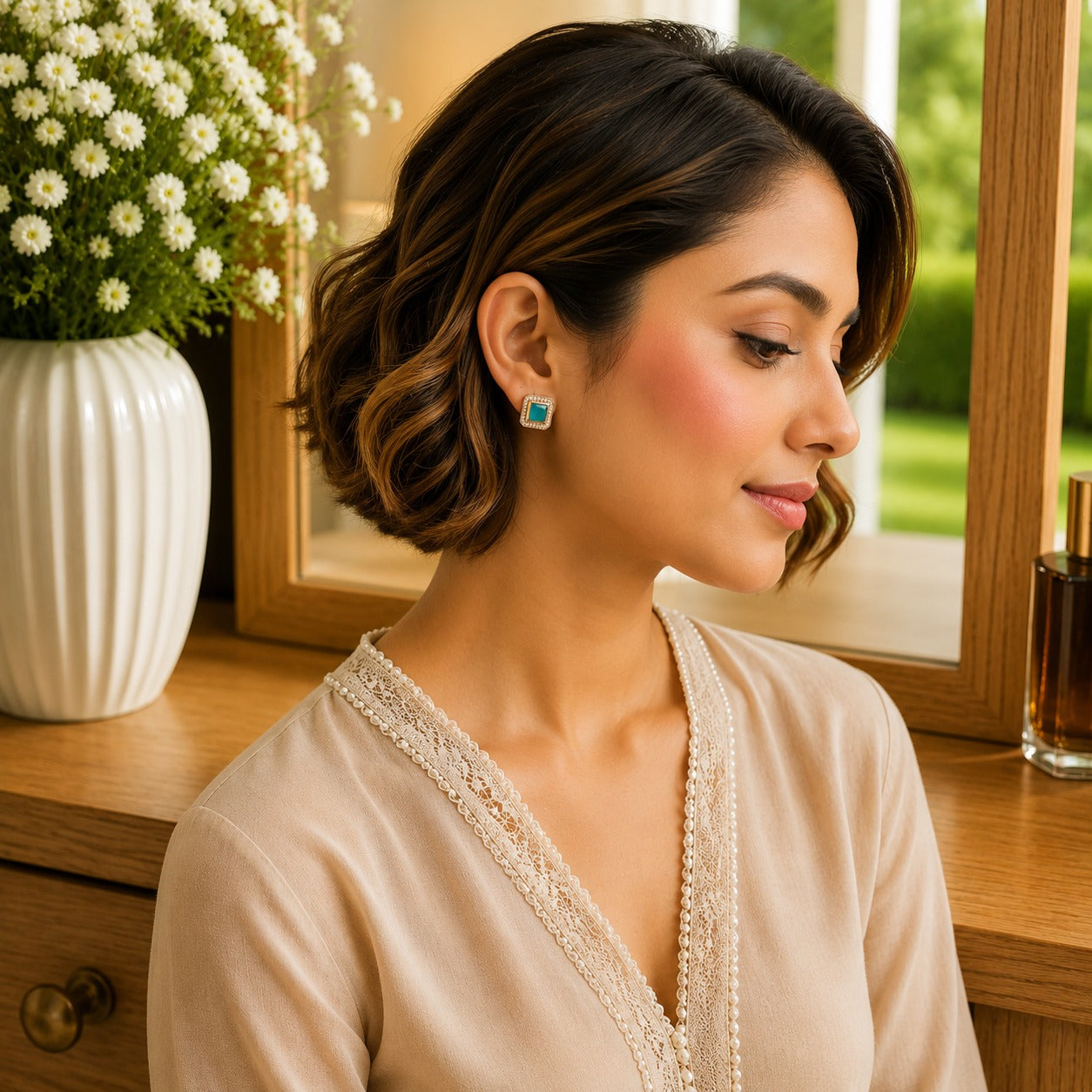 Woman wearing premium square halo crystal stud earrings with princess-cut centre stone, styled with a soft beige outfit in a luxury indoor setting with natural daylight.