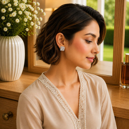 Woman wearing premium square halo crystal stud earrings with princess-cut centre stone, styled with a soft beige outfit in a luxury indoor setting with natural daylight.