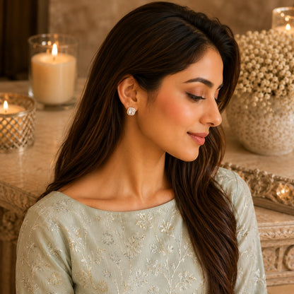 Woman wearing silver cushion-cut halo zircon stud earrings with a soft sage embroidered outfit in a luxury indoor setting, showcasing timeless everyday fashion jewellery