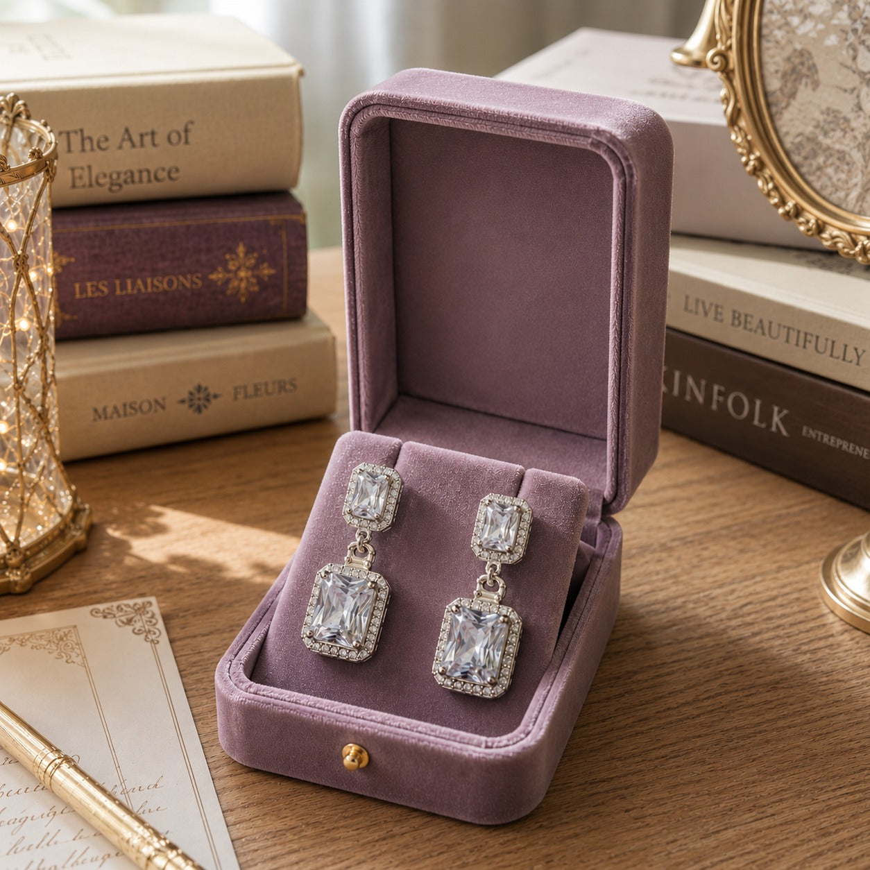 Emerald-cut crystal drop earrings displayed in a soft plum velvet jewellery box on a luxury wooden dressing table.