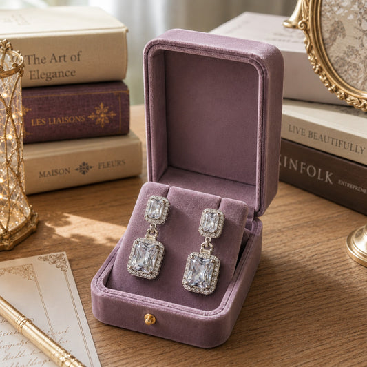 Emerald-cut crystal drop earrings displayed in a soft plum velvet jewellery box on a luxury wooden dressing table.