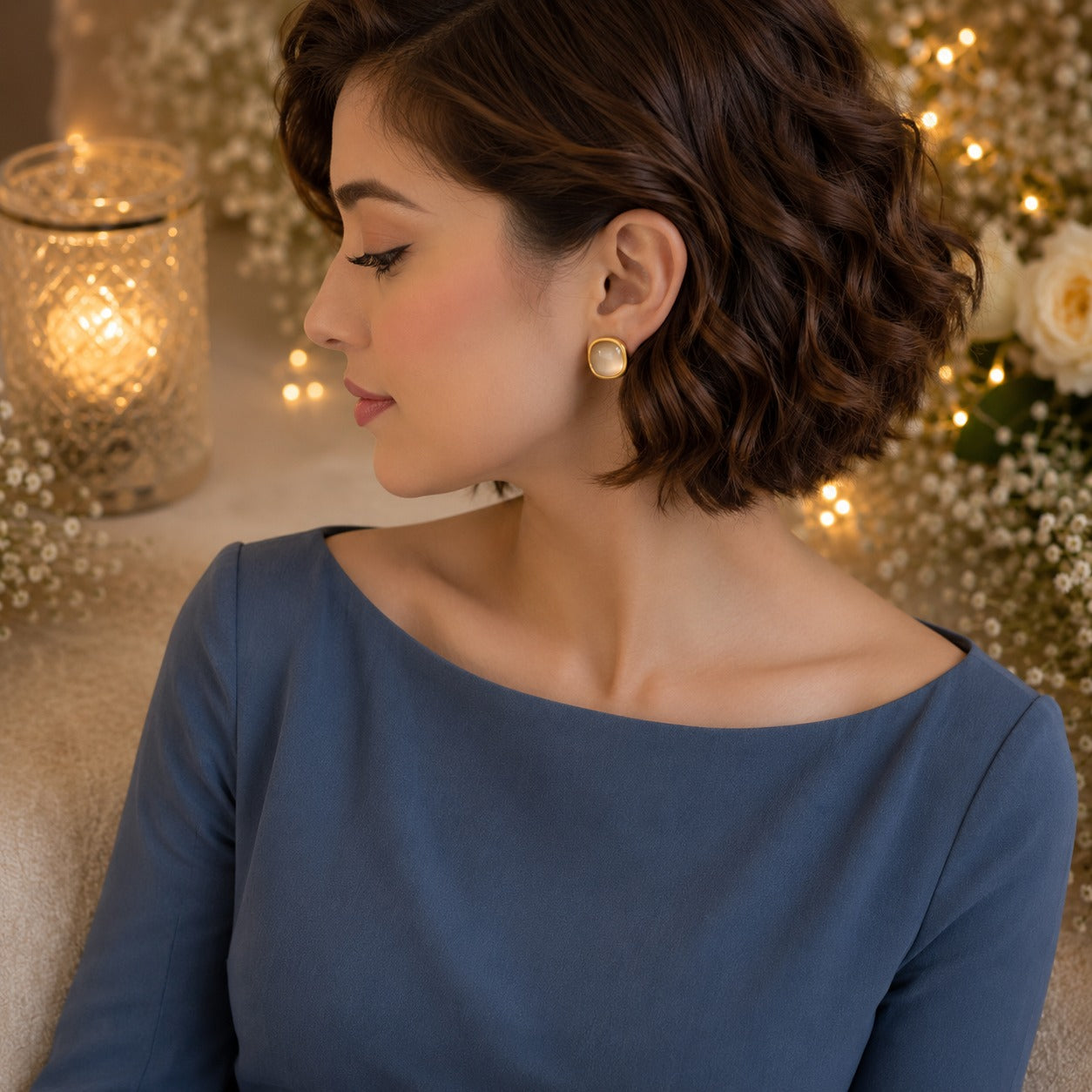 Woman wearing elegant gold-tone square moonstone stud earrings with a soft luminous finish in a luxury side-profile portrait.