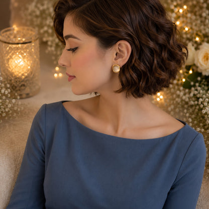 Woman wearing elegant gold-tone square moonstone stud earrings with a soft luminous finish in a luxury side-profile portrait.