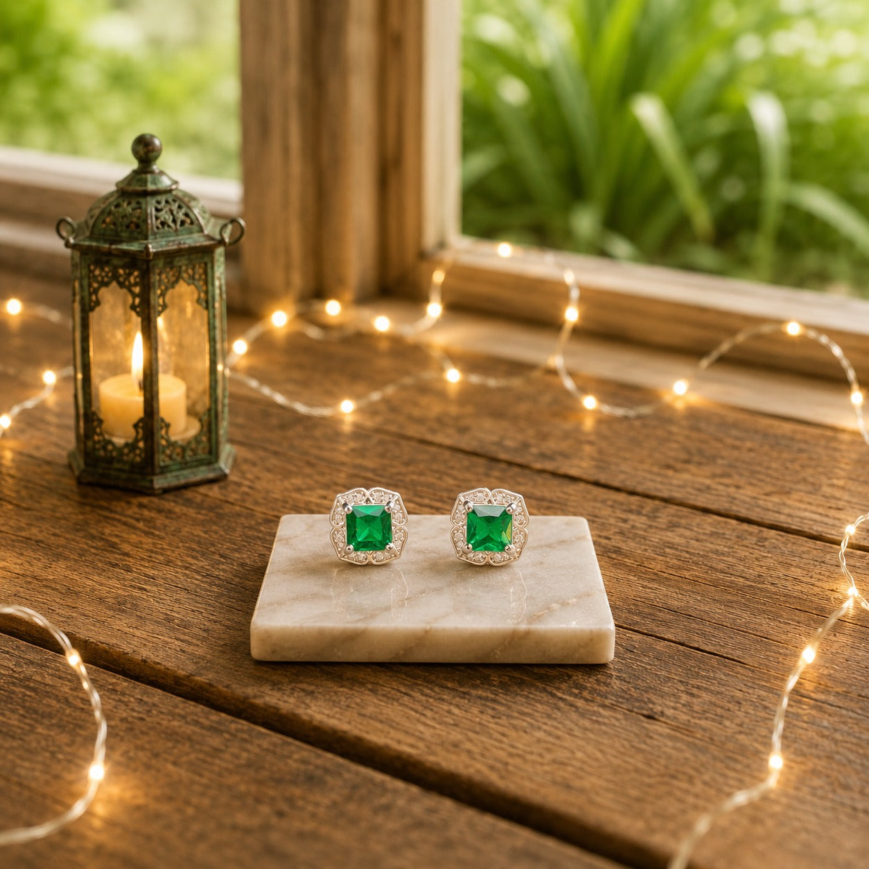 Halo cushion-cut crystal stud earrings with an emerald green centre stone displayed on a marble slab with warm decorative lighting and a luxury wooden background.