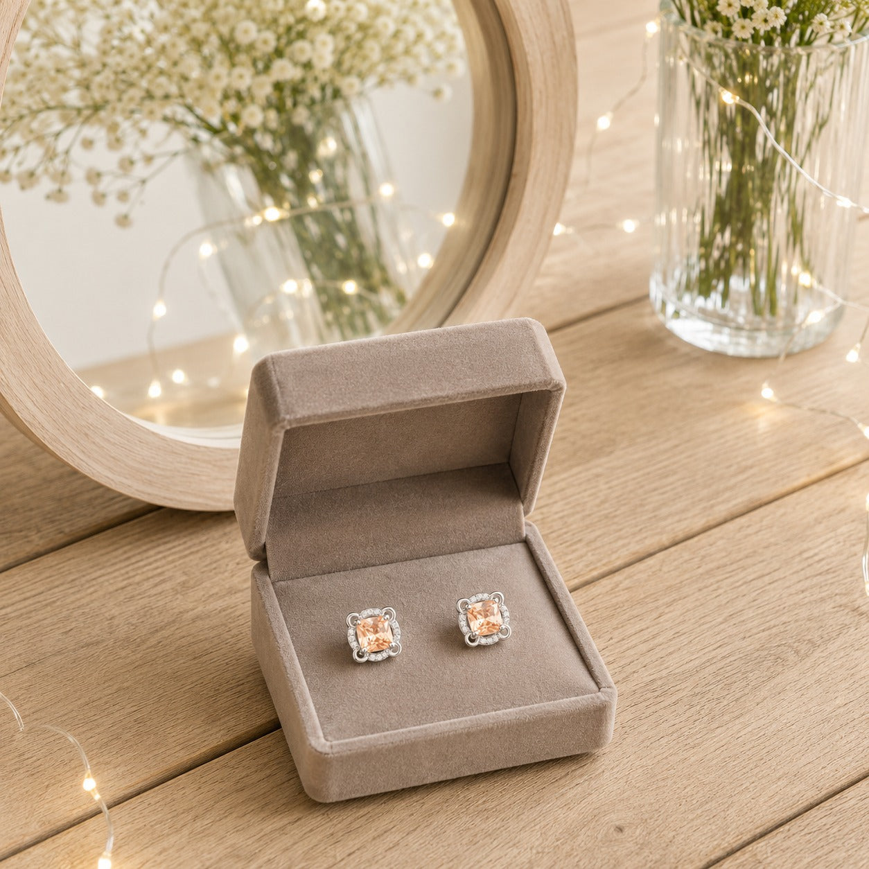 Champagne crystal square halo stud earrings displayed inside a premium velvet jewellery gift box on a wooden dressing tabl
