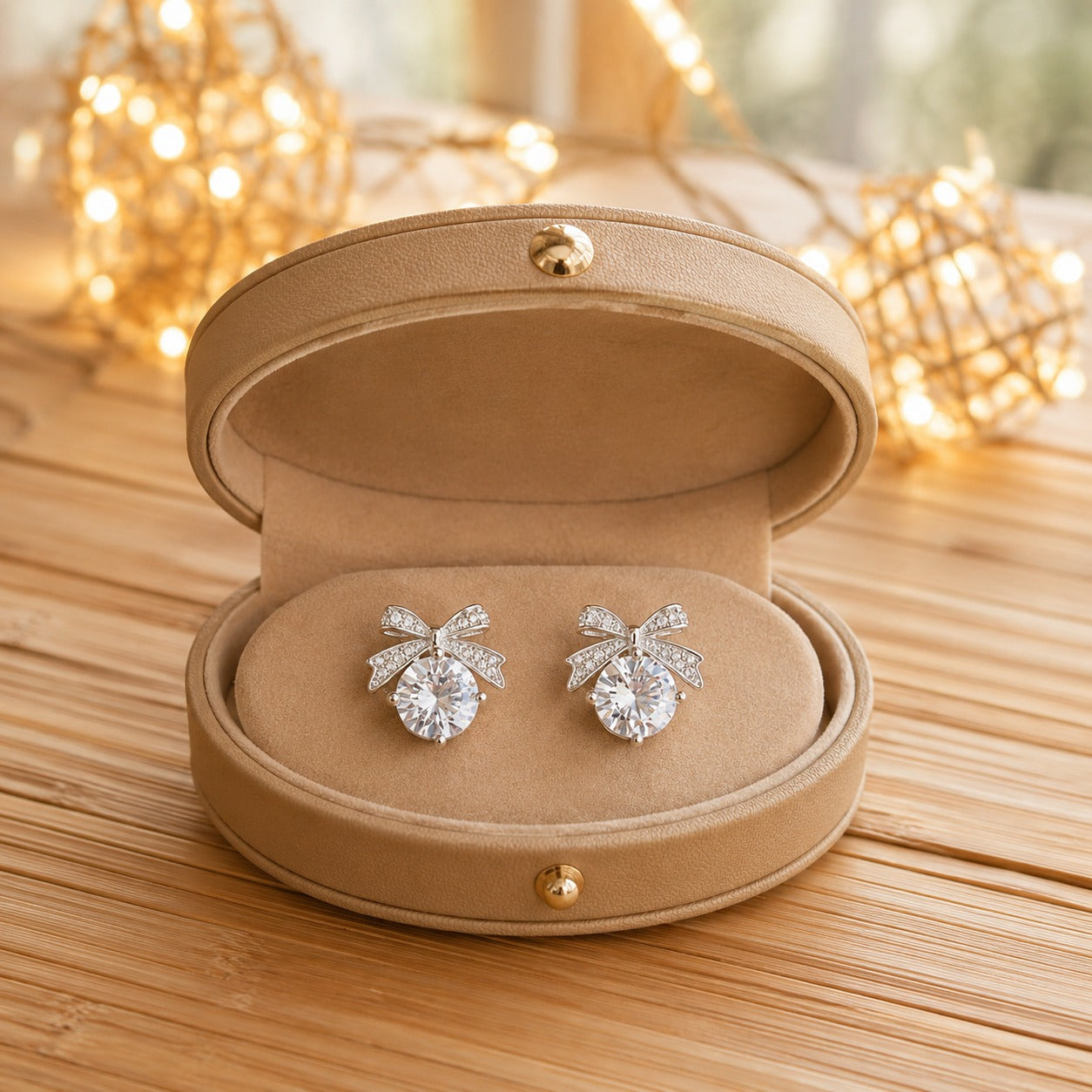 Silver bow stud earrings featuring clear zircon cabochons displayed on a premium black mirrored jewellery tray.