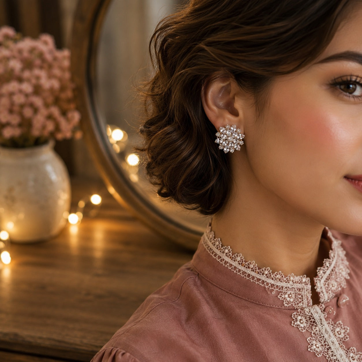 Woman wearing crystal floral stud earrings with a soft mauve outfit in a luxury lifestyle setting, showcasing sparkling floral crystal earrings in close-up side profile