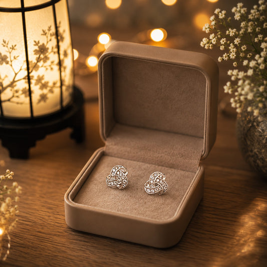 Silver crystal knot stud earrings displayed inside a premium mocha jewellery box on a wooden table with warm ambient lighting.
