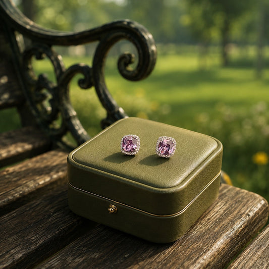 Silver cushion-cut purple crystal halo stud earrings displayed on a premium olive green jewellery box with a blurred garden background.