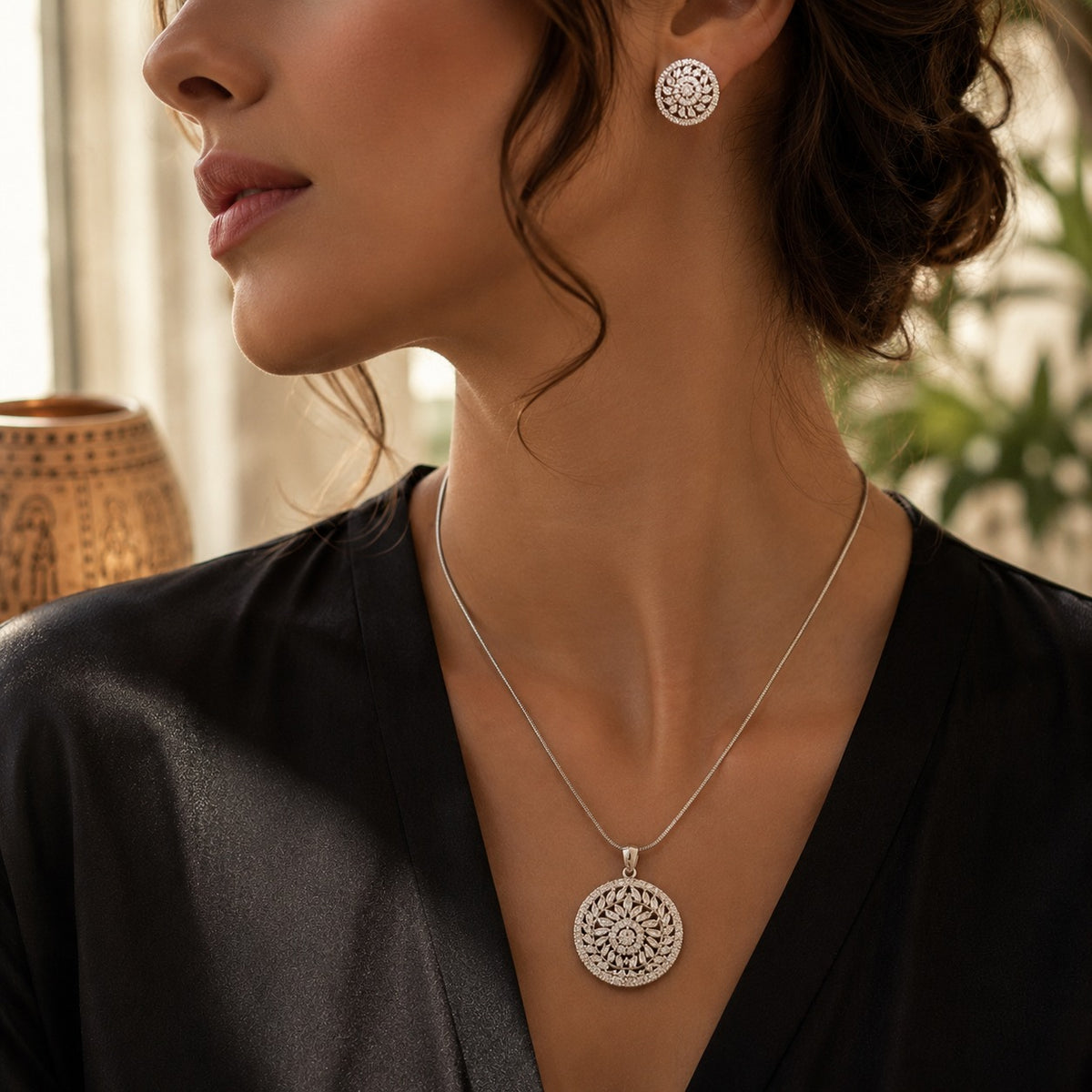 Vintage Crystal Pendant & Stud Earrings Set – Silver | Mint & Clear Stone Variants