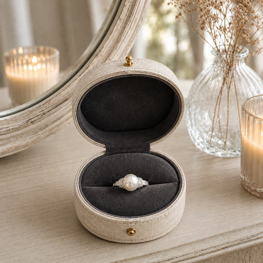 An open round pearl ring box with a silver-toned ring featuring a large white pearl, styled on a light wood table with candles and a mirror in the background.