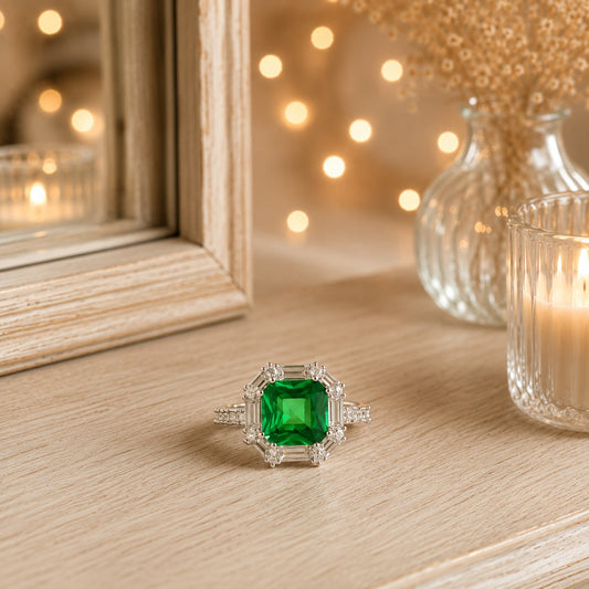 Emerald green statement ring featuring an emerald-cut centre stone surrounded by a sparkling geometric zircon halo on a silver-tone band displayed on a wooden vanity with soft candlelight.