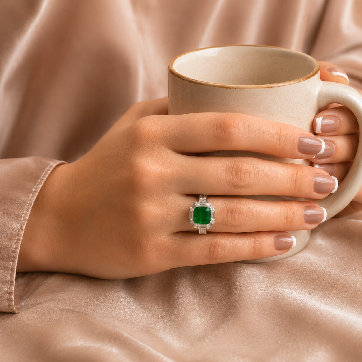 Hand wearing an emerald green halo statement ring with a silver-tone band while holding a ceramic coffee mug, showcasing the ring in a sophisticated lifestyle setting.