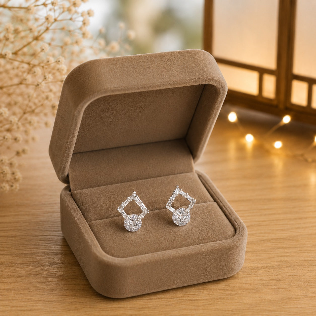 Silver geometric crystal drop earrings displayed inside a premium taupe velvet jewellery box with sparkling baguette-cut stones and brilliant round crystal drops.