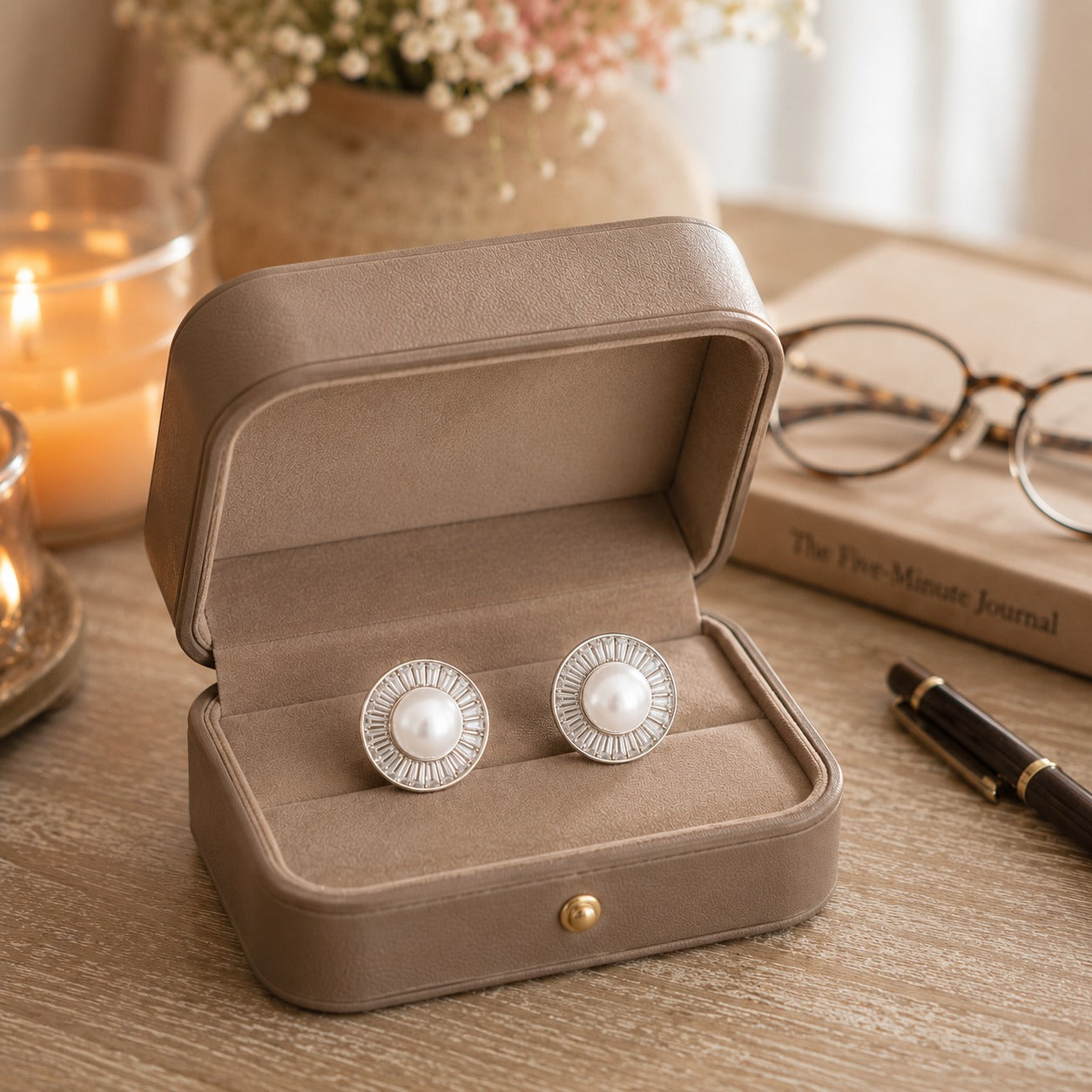 Silver pearl sunburst stud earrings featuring a luminous pearl center surrounded by a radiant halo of baguette-cut crystals, displayed inside a premium taupe leather jewellery box.