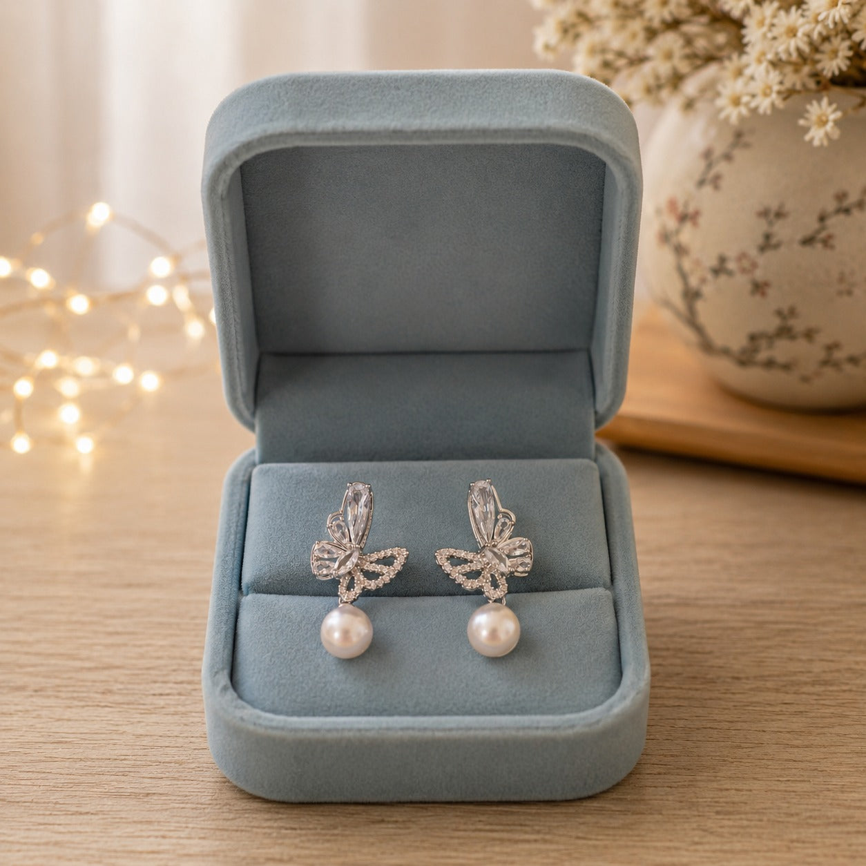Silver butterfly pearl drop earrings featuring marquise-cut crystals, pavé detailing, and luminous pearl drops displayed inside a premium powder blue velvet jewellery box