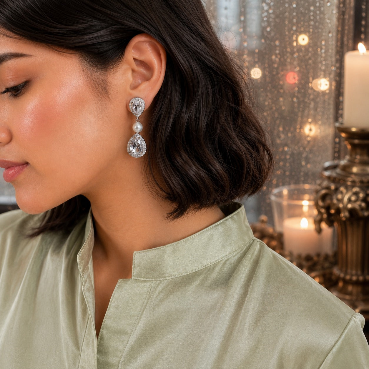 Model wearing elegant silver pearl teardrop statement earrings with pear-cut crystals and pavé halo detailing in a luxury evening setting.