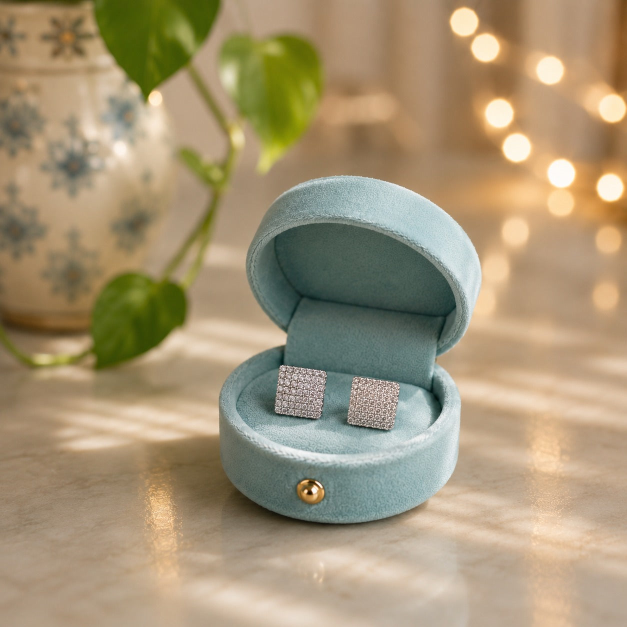 Lumière Mosaic square silver pavé crystal stud earrings displayed in a luxury pastel blue velvet jewellery box by TIAS Collection.